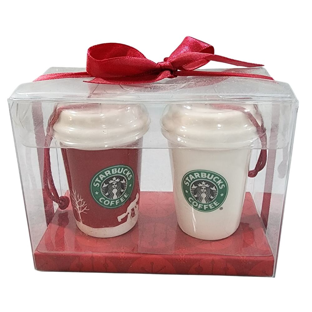 Starbucks 2006 To Go Coffee Cups Ceramic Ornaments x2 Holiday Decor #236294 NIP